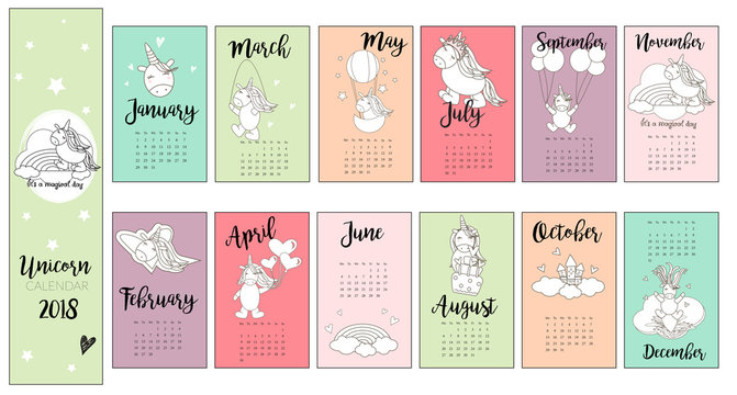 Cute Unicorn calendar, printable, in Vector