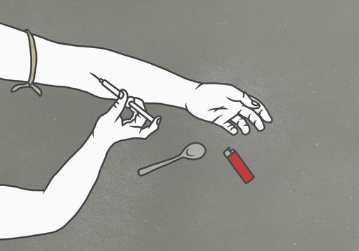 Cropped image of man injecting drug in hand over gray background