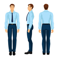 Vector illustration of business man in formal blue shirt and pants isolated on white background. Various turns man's figure. Front view, side and back view.