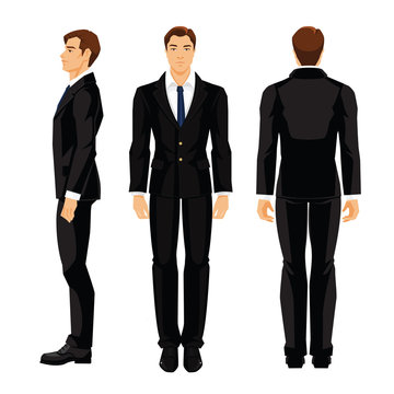 Vector illustration of business man in formal white shirt and black suit isolated on white background. Various turns man's figure. Side view, front and back view