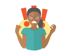 Fury evil black girl in glasses. Woman in rage, wrath, rampage. Flat design icon. Simply editable isolated vector illustration