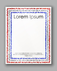 Poster with red, blue and silver confetti, sparkles, glitter frame and space for text on white background