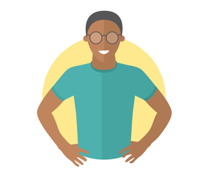 Confident handsome black man in glasses. Flat design icon. Resolute boy with arms akimbo. Simply editable isolated vector illustration