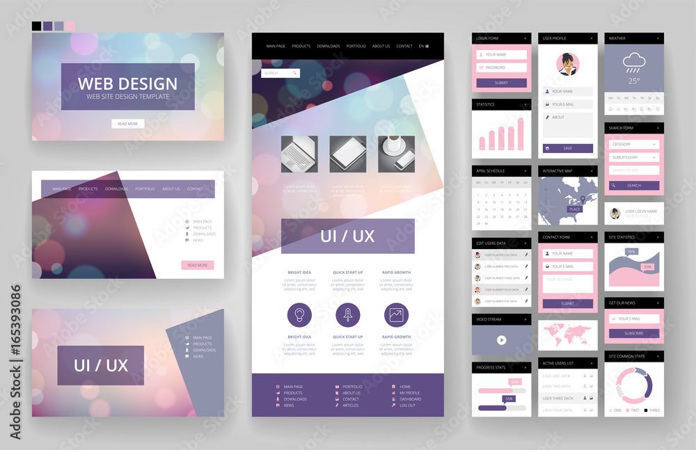 Wall mural website design template and interface elements