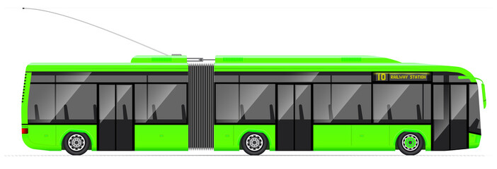 Large articulated trolleybus. yellow with modern design. Side view. Translucent windows. Contact network and road.
