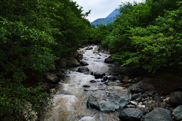 the flow of the mountain river in the Caucasus