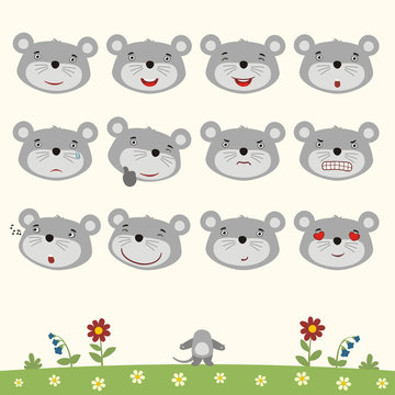 Emoticons set face of mouse in cartoon style. Collection isolated heads of mouse in different emotion and body on meadow with flowers.