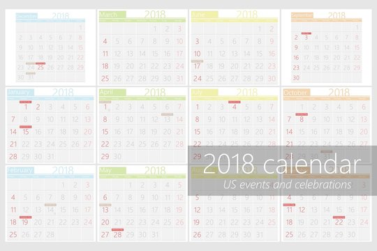 2018 calendar in flat design.Us events and celebrations