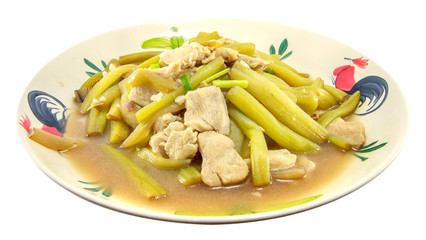 Thai traditional cuisine Coconut Curry of Steamed Mackerels and Lotus Stems in coconut soup ( thai food name Kaeng Sai Bua) isolated on white background, asian eating food, Thai food, close up