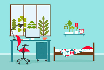 Vector illustration of the bedroom with workplace
