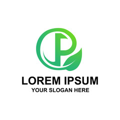 letter P within a circle connected with a leaf, logo design, isolated on white background.