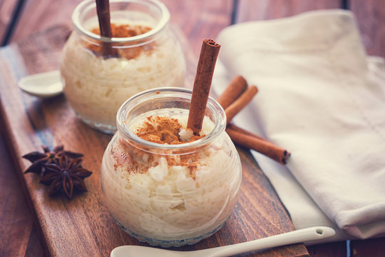 Delicious Creamy Rice Pudding with cinnamon in a Jar 