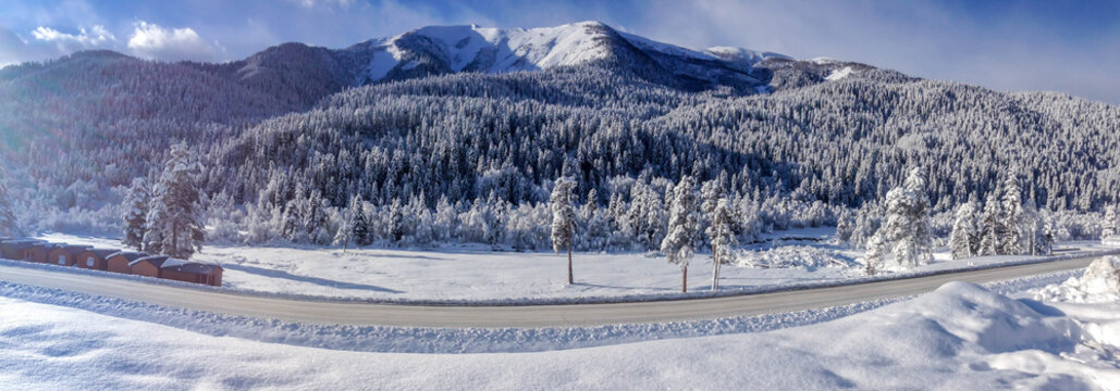 Panorama of Caucasus Mountains in winter in Arkhyz, Karachay-Cherkess Republic, Russia