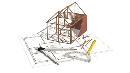 House project - house under construction on blueprint - concept for construction industry