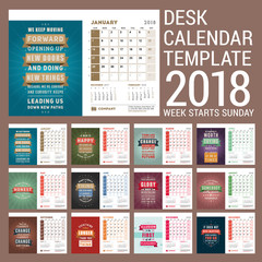 Desk Calendar Template for 2018 Year. Template with Motivational Quote. Set of 12 Months. Week starts on Sunday. Vector Illustration