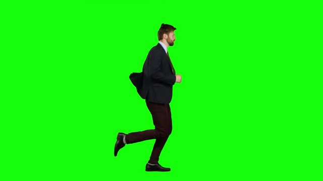 Businessman run to work, is late for an important meeting. Green Screen