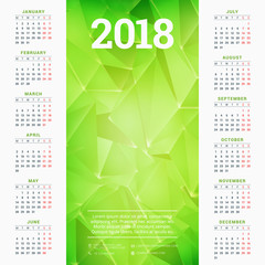 Calendar for 2018 year. Vector design template. Week starts on Monday. Vector illustration with green polygonal abstract background