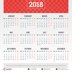 Calendar for 2018 year. Vector design template. Week starts on Monday. Vector illustration