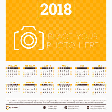 Calendar for 2018 year. Vector design template. Week starts on Sunday. Vector illustration with place for photo