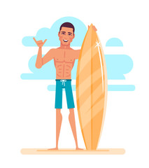 Attractive young surfer is holding surfboard on the beach. Modern character - guy with board for surfing in flat design. Vector illustration.