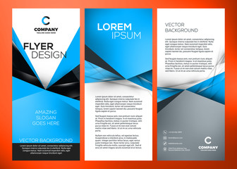 Vector business trifold brochure or banner template. Abstract blue and black background. Vector illustration