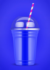 Plastic cup with smoothie and tube on color background. Presentation Poster for milkshake and lemonade and smoothie. Blue color. Vector Illustration.