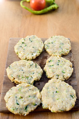 Meat and zucchini burgers, bbq summer garden food concept