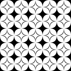 Black and white seamless star pattern - geometrical monochrome vector background design from curved shapes