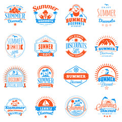 Set of summer discount promotional emblem design. Typographic retro style summer advertising badges for banner or poster. Red and blue color theme. Isolated on white. Vector illustration