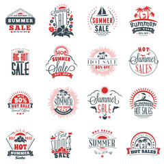 Set of summer sale promotional emblem design. Typographic retro style summer advertising badges for banner or poster. Red and black color theme. Isolated on white. Vector illustration