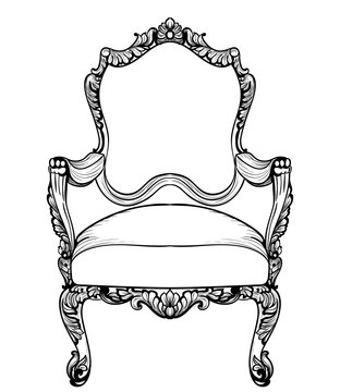 Imperial Baroque armchair with luxurious ornaments. Vector French Luxury rich intricate structure. Victorian Royal Style decor