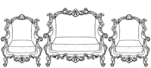 Obraz premium Imperial Baroque furniture set with luxurious ornaments. Vector French Luxury rich intricate structure. Victorian Royal Style decor
