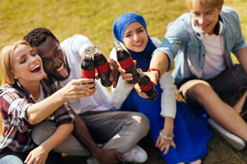 Sincere joyful nice people having a picnic