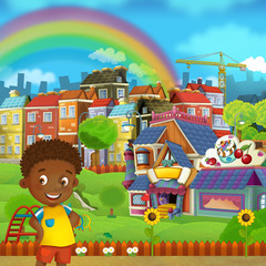 Obraz na płótnie Canvas Cartoon scene of playground and kid in front of a colorful building candy shop - illustration for children