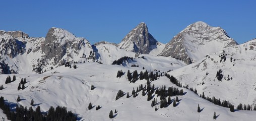 Dent de Ruth and other snow covered mountains seen from mount Rellerli, Switzerland.