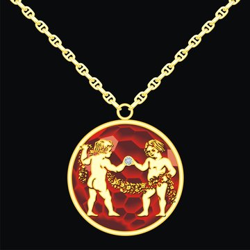 Ruby medallion on a chain with a gemini