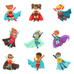 Super kids set, boys and girls in superhero costumes colorful vector Illustrations © topvectors
