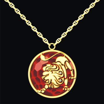 Ruby medallion on a chain with a lion