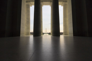 Grand view of the Central Hall of the Lincoln Memorial looking out onto the National Mall in Washington DC