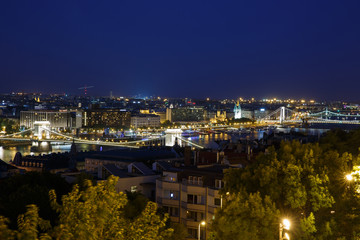 Panoramic night view of the city's bridges. Budapest. Hungary