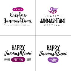 Modern hand drawn lettering Happy Janmashtami. Indian festival Krishna. Calligraphy for greeting card or banner.