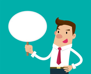 Businessman holding a blank sign. Isolated vector illustration