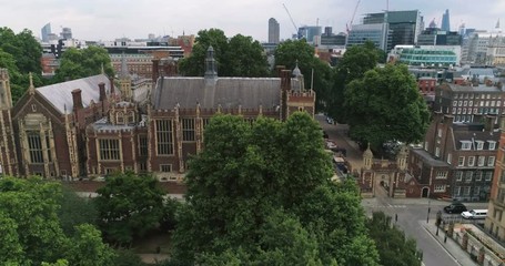 Aerial ascending view of the skyline of the City of London from the Inns of Law