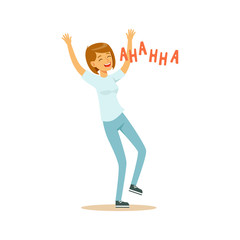 Beautiful young woman in casual clothes laughing out loud colorful character vector Illustration