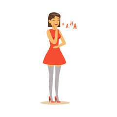 Beautiful young woman in red dress laughing colorful character vector Illustration