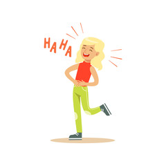 Blonde girl laughing out loud and holding her stomach colorful character vector Illustration