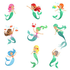 Beautiful fairy tale mermaid princess with colorful hair and taill set of vector Illustrations
