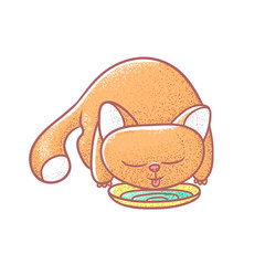 Textured color vector isolated illustration of cute emotional ginger kitten. The face of a cat expresses pleasure. Pussycat is drinking from bowls. Drawn lines and painted a picture of the pet.