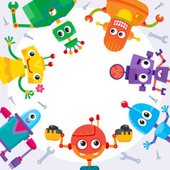 Square banner, poster with funny cartoon robot characters, round place for text, vector illustration on white background. Banner, poster, postcard template with funny colorful cartoon robot characters