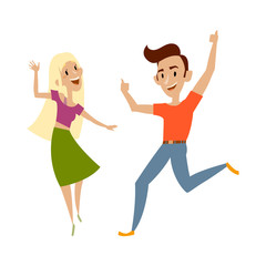 Vector set of teenagers in casual clothing funny dances. Flat cartoon illustration isolated on a white background. Young girl and boy have fun dancing and smiling cheerfully.